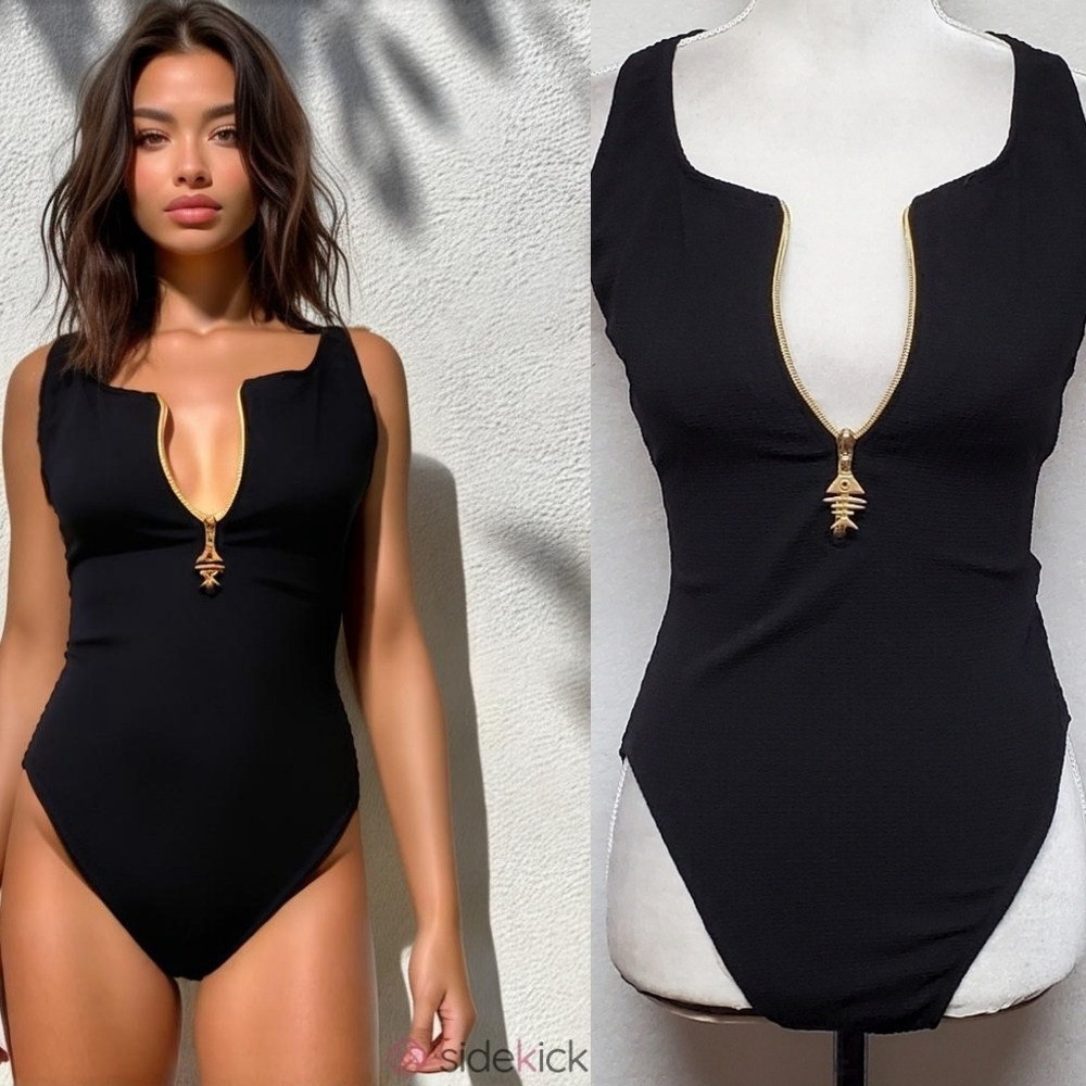 1990s Vintage Black Seersucker Half-Zip Gold Fish Bone T-Strap Backless Swimsuit